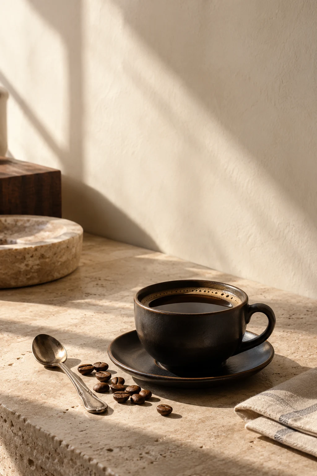 Black ceramic coffee cup on warm limestone with linen and an antique spoon